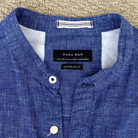 Zara men’s linen tab collar size L in blue - Picture 3 of 6